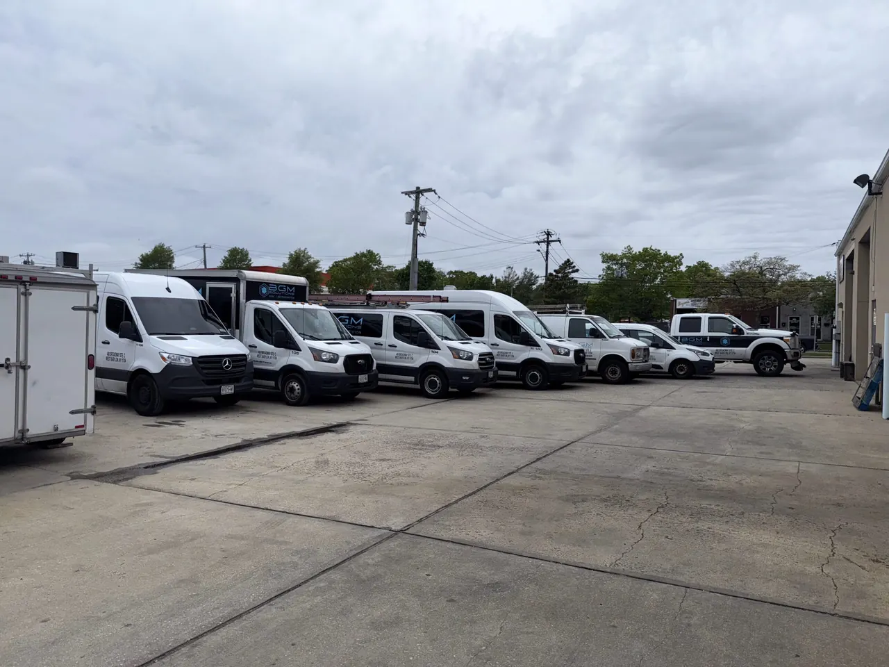 BGM service vans lined up at the shop